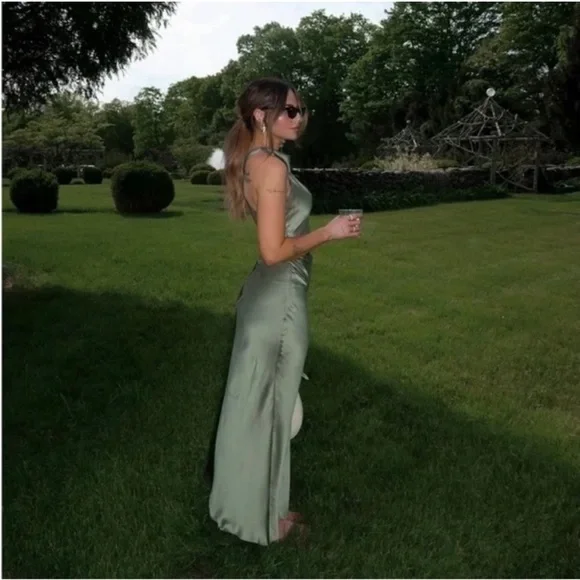 Reformation Casette Silk Dress in Artichoke 6 - Picture 3 of 13